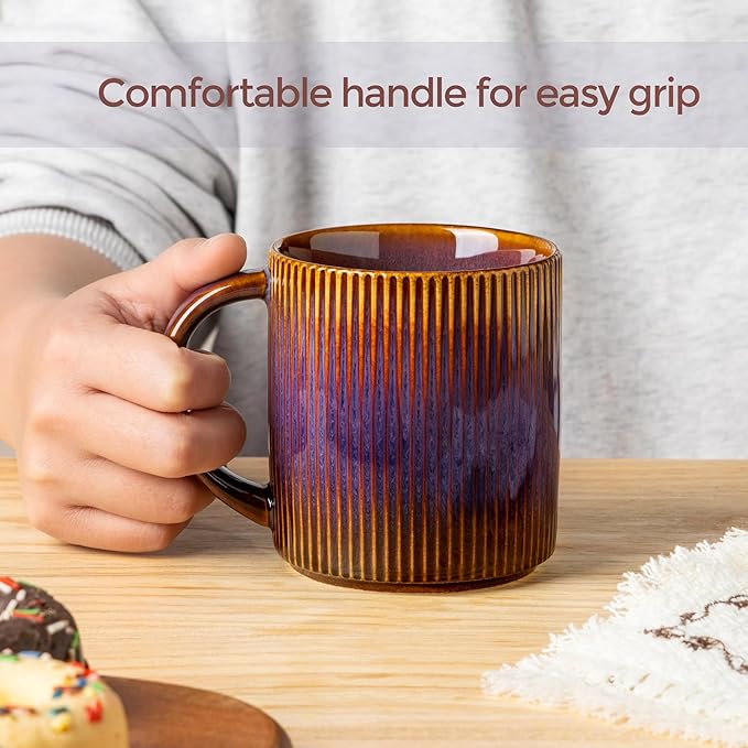 theterra Ceramic Coffee Mugs Set of 6, 14.2oz Handmade Coffee Cups with Handle for Latte, Tea, Milk, Beer, Hot Cocoa, Amber Amethyst