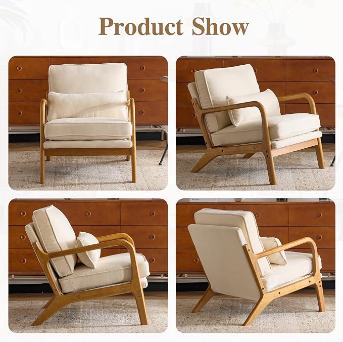 Karl home Mid-Century Modern Accent Reading Chair, Creamy | Chenille Upholstered, Solid Wood Frame, Soft Cushion, Lumbar Pillow, Lounge Armchair for Living Room, Bedroom, Balcony, Study