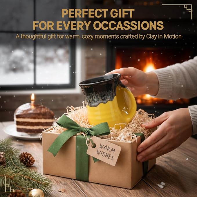 Clay in Motion Hand Warmer Coffee Mug – Handmade Coffee Mug With Comfortable Handle Contoured Pocket Hand Warming Ceramic Coffee Mug – Proudly Made in USA – Right Handed – 14 Oz - Yellow Black