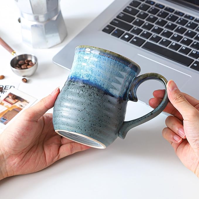 21 oz Large Ceramic Coffee Mugs, Handmade Cup with Large Handle, Big Tea and Coffee Cups for Office and Home, Microwave and Dishwasher Safe (Blue Grey)