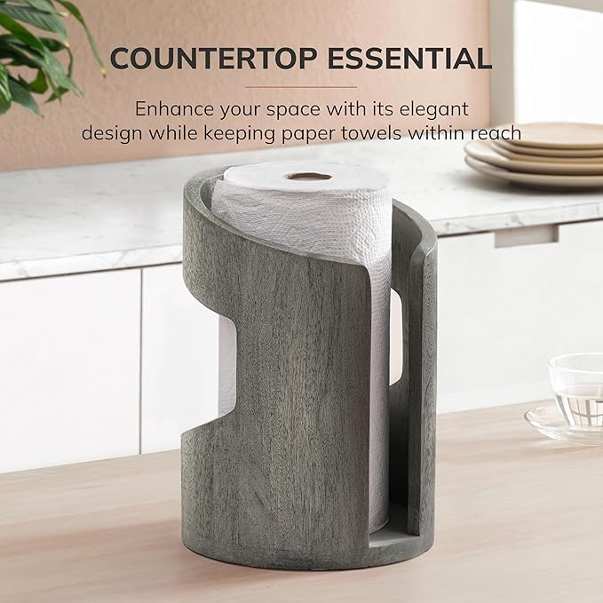 Anji Mountain Wooden Paper Towel Holder Countertop with Mango Wood Round Base and Iron Holder, Holder Stand for Kitchen Roll Organizer & Kitchen Dining Table Home Decor - Greige/Nickel, Arc Hold