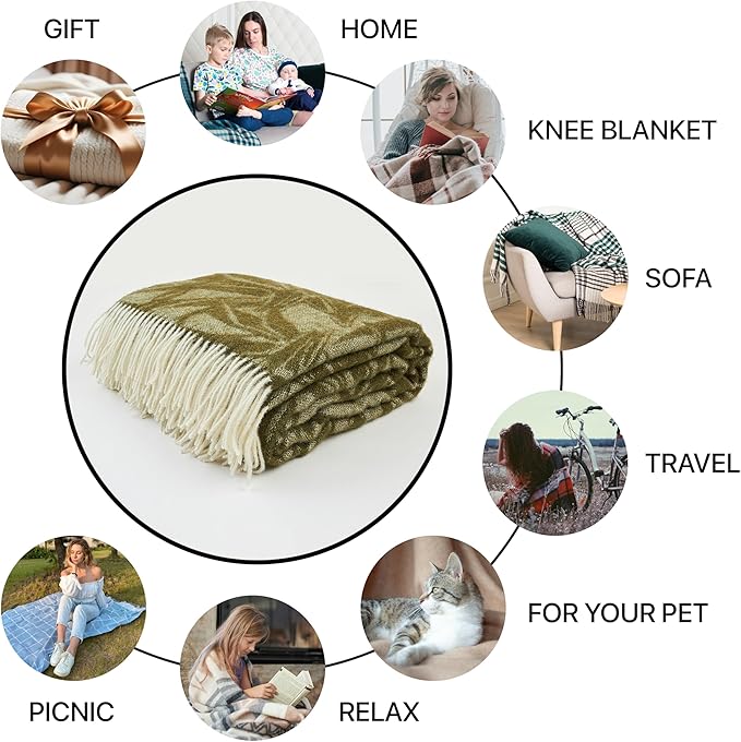 | Wool Blanket/Throw | 100% New Zealand Wool | Perfect for Home and Outdoors | Virgin Wool Blanket with Fringes 55"x79" (140 x 200 cm) (Olive Leaves)