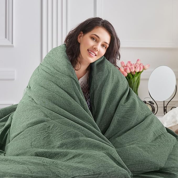 NEXHOME PRO Duvet Cover Queen 100% Washed Cotton, Organic Natural Linen Like Textured, Breathable, Durable, Home Bedding Set, Heathered Green 9090