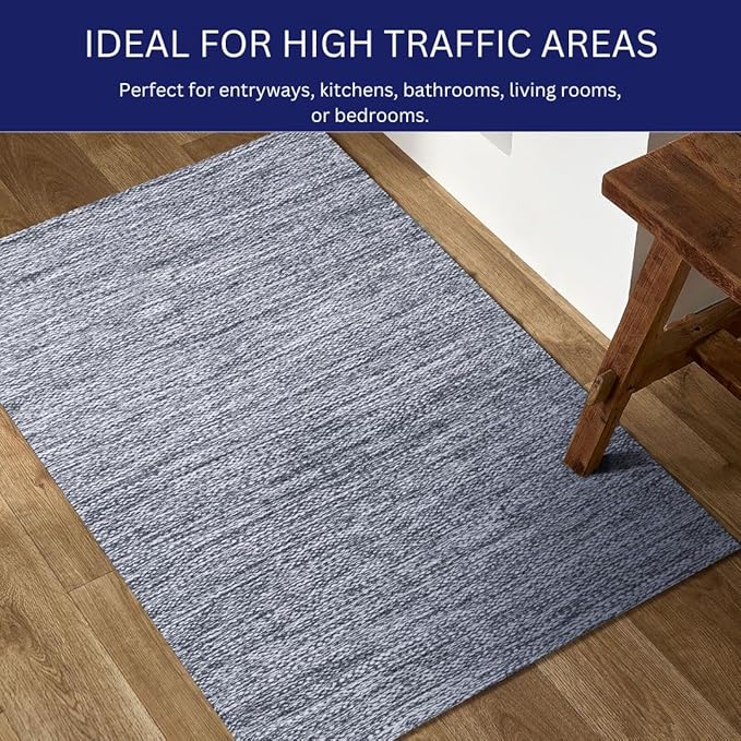 Hand Woven Area Rug 2x3 Feet - Rustic Farmhouse Bohemian Accent Rug for Living Room Bedroom Kitchen Entryway Floor Mats - Ideal for High Traffic Areas 100% Cotton Rag Rug Blue