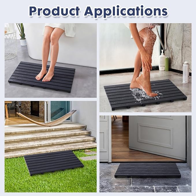 Bamboo-Design Bath Mat, Heavy Duty HDPS Plastic, 31.5"x18", 400lb Support, 100% Waterproof & Fadeproof, Superior to Real Bamboo for Bathroom Shower Spa Sauna Poolside Outdoor (Black Color)