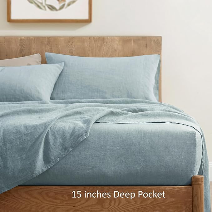 ATLINIA 100% Pure Flax Linen Bedding Set - Stone Washed French Linen Fabric Deep Pocket Fitted Sheet Farmhouse Flat Sheet 2 Pillowcases (Dusty Blue, Queen)