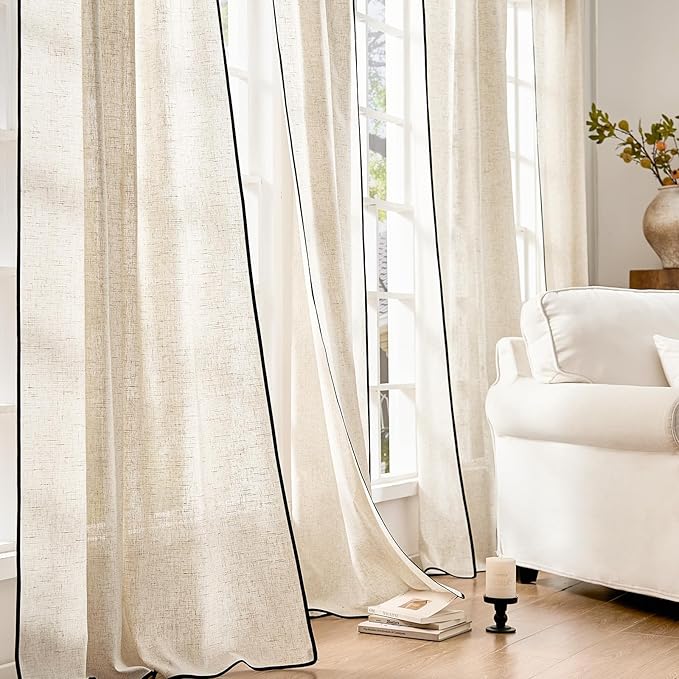 jinchan Beige Linen Blend Curtains with Black Trim, French Style Drapes for Living Room Bedroom 2 Panels 96 Inches Length Neutral Curtains Farmhouse Modern Window Treatment with Rod Pocket Back Tab
