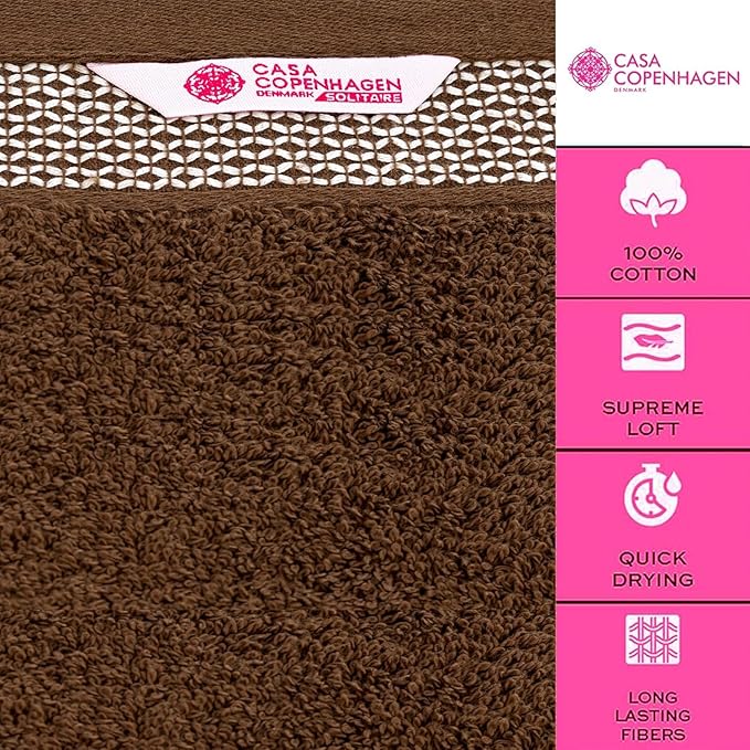 CASA COPENHAGEN Solitaire 6Pcs 100% Egyptian Cotton Large Designer Towels Gift Set- Brown, 600GSM, 2Bath 2Hand 2Washcloths, Bath Towels for Bathroom Set for Women & Men