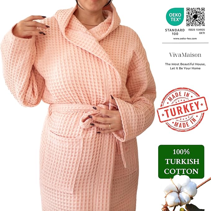 Unisex Hooded Waffle Robe for Women & Men 100% Turkish Cotton | Quick-Dry Bathrobe | Cozy Housecoat for Lounging