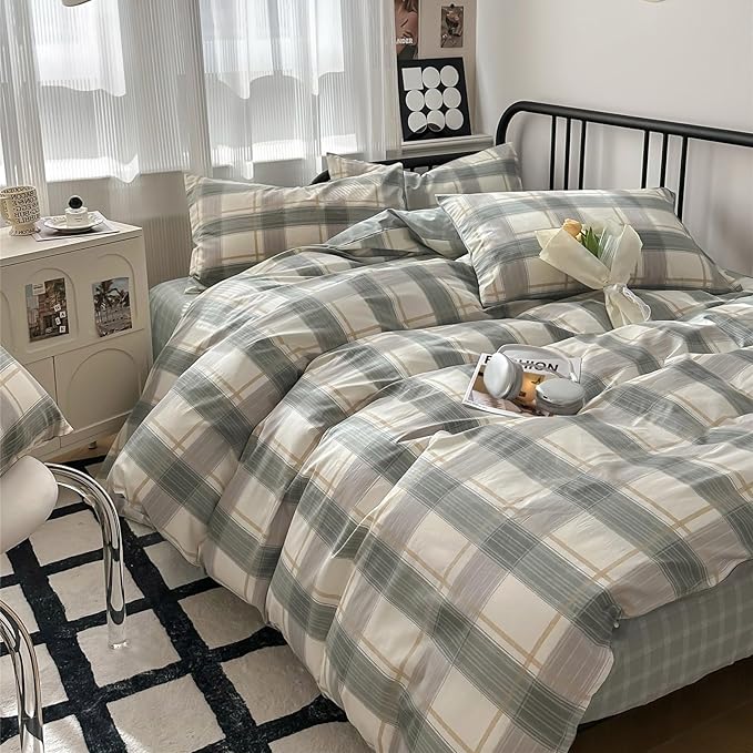 mixinni Green Grid Duvet Cover Set Twin - Vintage Buffalo Plaid Bedding Set-Green &Yellow&Beige, Soft Cotton Geometric Checkered Bedding Set with 2 Pillowcases for Boys, Girls, Teens