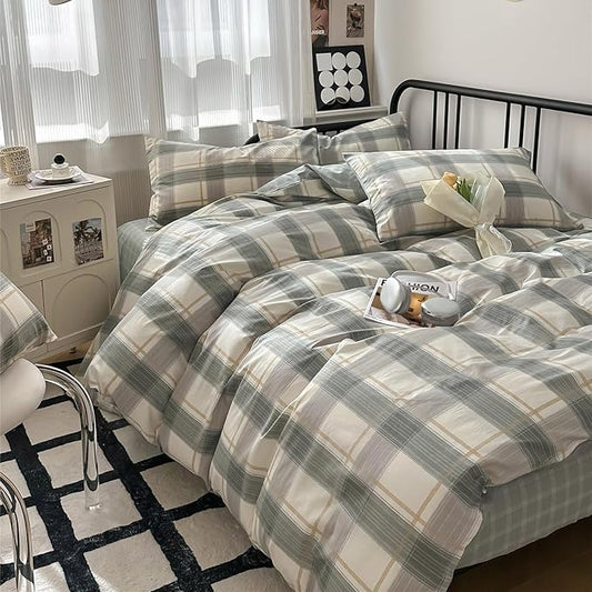 mixinni Green Grid Duvet Cover Set Twin - Vintage Buffalo Plaid Bedding Set-Green &Yellow&Beige, Soft Cotton Geometric Checkered Bedding Set with 2 Pillowcases for Boys, Girls, Teens