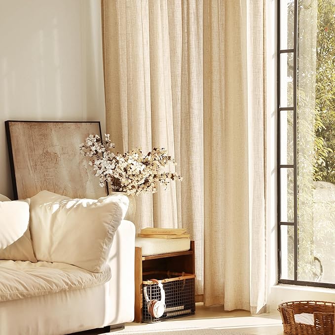 Tan Linen Curtains 102 Inches Long for Living Room Back Tab Rustic Farmhouse Semi Sheer Light Filtering Window Curtain Dining Room Soft Thick Flax Linen Textured Drapes Khaki 52x102