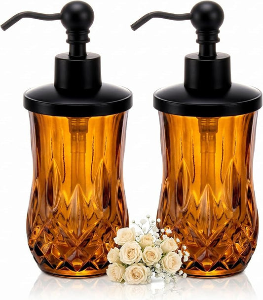 2 Pack 9 Oz Glass Soap Dispenser with Matte Black Zinc Alloy Pump, Amber Round Textured Refillable Hand Soap Dispenser for Lotion, Hand Soap, Body Wash, Kitchen & Bathroom Countertop Decor