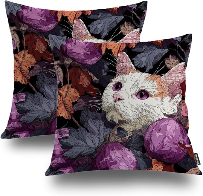 Shrahala Cute Cat Decorative Throw Pillow Cover, Cat Among Purple Fruits Square Pillowcase Blended Double-Sided No Inserts for Bedroom Living Room Set of 2 (20 x 20 in)