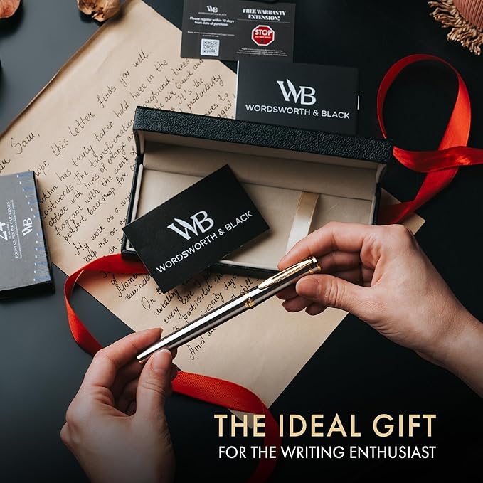 Wordsworth & Black Fountain Pen Set, 18K Gilded Broad Nib, Includes 6 Pack Ink Cartridges, Ink Refill Converter & Gift Box, Gold Finish, Calligraphy, [Silver Gold], Perfect for Men & Women