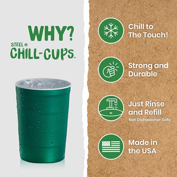 Steel Chill Cups 16 oz. Party Cups, Perfect for Cold Drinks, Sturdy & Durable, Disposable and 100% Recyclable, Made in USA, Green, 12 Count