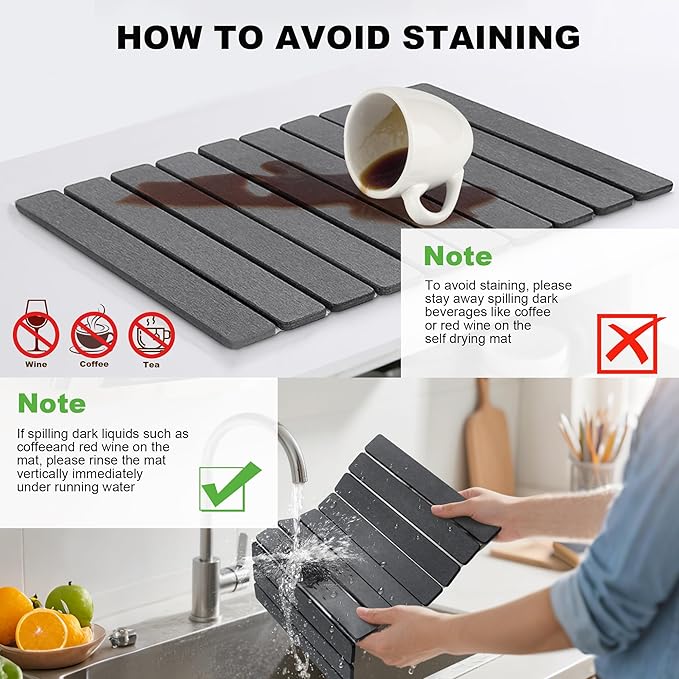 Stone Drying Mat for Kitchen Counter, Quick Diatomaceous Earth Mats for Dishes, 24"L x 16" W Super Absorbent Fast-Drying Collapsible Countertop Stone Mat (Dark Grey, 24" x 16")