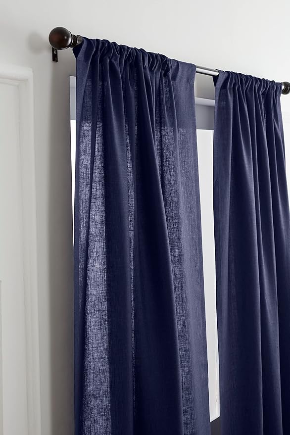 Solino Home European Flax Linen Curtain Chambray Navy, 52 x 96 Inch Light Filtering Rod Pocket Curtain 96 Inch, 100% Pure Linen Window Treatment for Living Room, Bedroom - 1 Panel