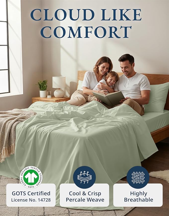 LANE LINEN 100% Organic Cotton Eco Friendly Full Size Sheet & Pillowcase Sets, Fully Elasticized Soft & Comfy Percale Bedding, Naturally Temperature Regulating Cotton Sheets Full- Mineral