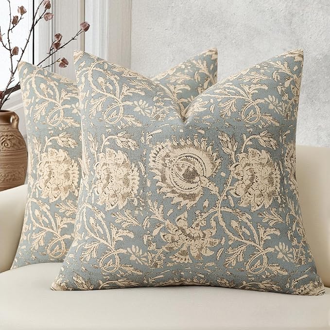 Vintage Floral Print Throw Pillow Covers 16x16 Set of 2 Neutral Modern Farmhouse Pillowcases Accent Decorative Cushion Covers Boho Home Decor for Couch Sofa Chair Bed Living Room, Sky Blue