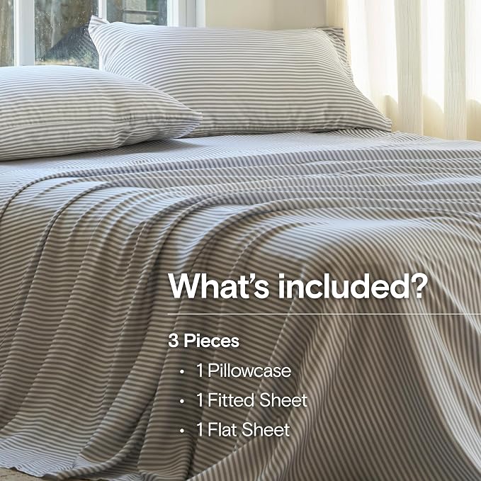 DOZ Sheet Set, 100% Viscose derived from Bamboo, Organically Grown, Buttery Soft, Cooling Sheets, High GSM, Deep Pockets - 3 Piece - 1 Pillowcase 1 Fitted Sheet 1 Top Sheet (Stripe, Twin)