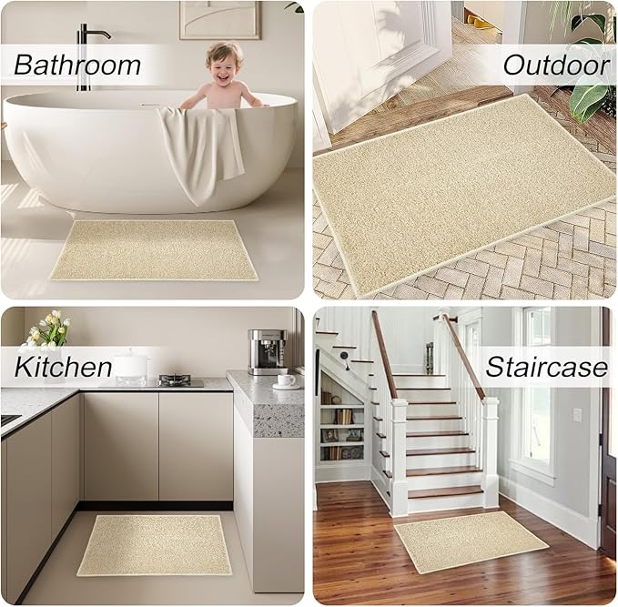 HDFK Bath Mat Non Slip 24x16 Inches Bathroom Rugs 2 Tone Plush Chenille Medium Pile with TPR Backing | Ultra Absorbent Solid Khaki | Shower Rug for Sink Front Tub Step Stain Concealing Decor