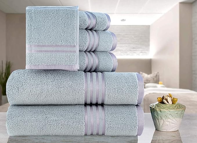 CASA COPENHAGEN Zero Twist 6Pcs 100% Egyptian Cotton Large Designer Towels Gift Set- Dusty Violet, 600 GSM, 2Bath 2Hand 2Washcloths, Bath Towels for Bathroom Set for Women & Men