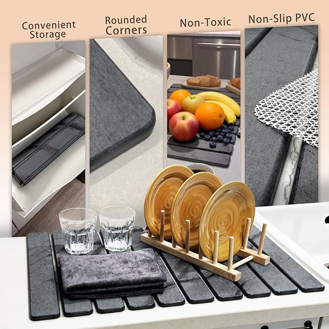 Large Stone Dish Drying Mat for Kitchen Counter, Collapsible Marbled Quick-Dry Diatomaceous Earth Mat with Dish Rack and Towel, Versatile Drying Mats for Kitchen Utensils (Dark Gray 23.6"×15.4")