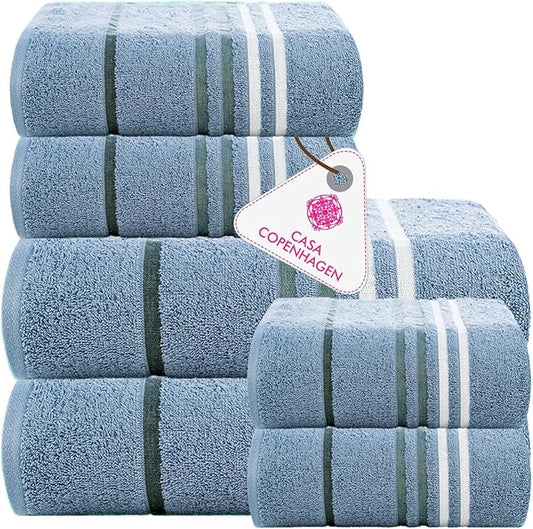 CASA COPENHAGEN Exotic 6Pcs 100% Egyptian Cotton Large Designer Towels Gift Set- Powder Blue, 550GSM, 2Bath 2Hand 2Washcloths, Bath Towels for Bathroom (Box Pack, Gift Set for Women & Men)