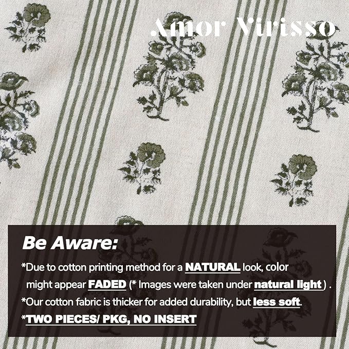 Amor Virisso Floral Throw Pillow Covers 20x20 Set of 2 Block Print Pillow Covers Neutral Floral Striped Farmhouse Decorative Pillow Covers for Sofa Couch Bed, Dusty Green