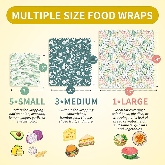 Beeswax Food Wrap, Reusable Beeswax Wraps Storage Set 9-Pack (5S 3M 1L), Organic and Beeswax Wraps Reusable, Sustainable Alternative/Flowers Grass