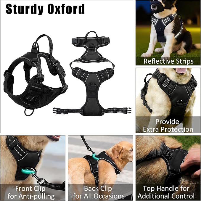No Pull Dog Harness Adjustable Collar & Leash Set - Dog Halter Harnesses Collapsible Bowls & Poop Bag Dispenser Muzzle ID Tags Toys Fits Small Medium Large Dogs (Black-S)