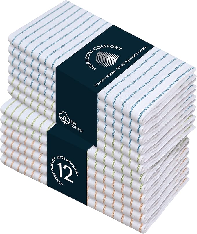 Multi Pack Stripe Napkins Set of 12, 18x18 Inch, 100% Cotton, Classic Striped Napkin for Dinner, Wedding, Reusable and Washable for Everyday Dining - Turquiose Blue, Green, Lavender