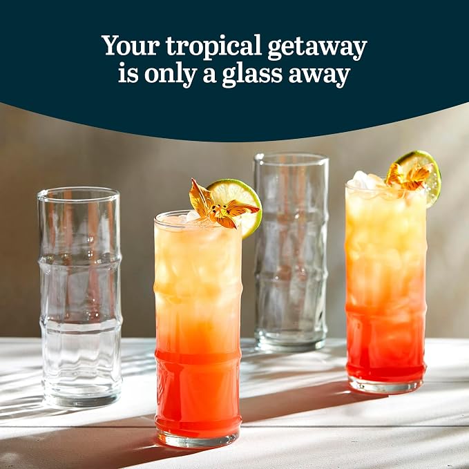 Libbey Tiki Bamboo Highball Drinking Glasses Set of 4, Iconic 16 Oz Tall Cocktail Glasses, Modern Drinking Glass Cups for Backyard and Summer Parties