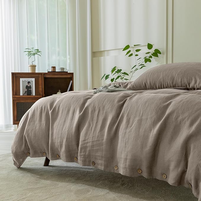 EVERLY 100% Pure Linen Duvet Cover Set King Size 104X90Inch 3pcs (1 Duvet Cover,2 Pillowcases) Soft and Breathable for All Season with Coconut Button Closure, Suitable for Hot Sleepers-Natural Linen