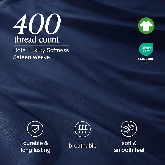 Bare Home 100% Organic Cotton Twin Sheet Set - 400 Thread Count - Smooth Sateen Weave - Breathable & Cooling - Hotel Luxury Set - Deep Pocket Bed Sheets (Twin XL, Dark Blue)
