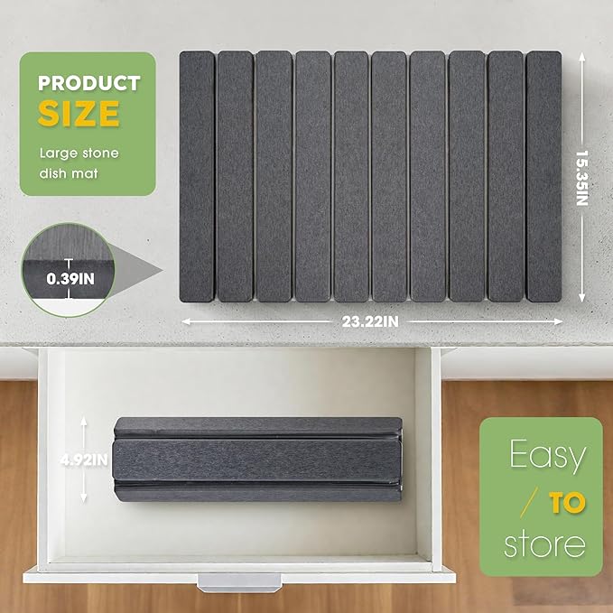 HABUTWAY Large Stone Dish Drying Mat for Kitchen Counter – 24"×16" Collapsible Diatomaceous Earth Mat, Ultra Absorbent & Quick Dry, Foldable Drying Pad for Dishes, Bottles, Cups (Dark Grey)