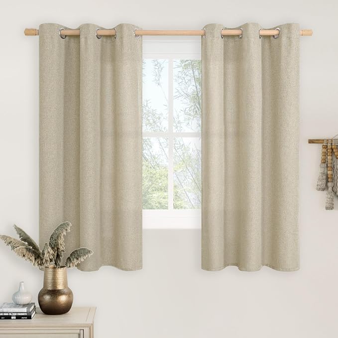 LAMIT Natural Linen Curtains 45 inch Length 2 Panels, Linen Textured Light Filtering Bedroom Curtains Grommet Privacy Burlap Boho Drapes for Living Room/Farmhouse, W42 x L45, Camel