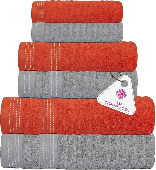 CASA COPENHAGEN Elegance 6Pcs 100% Egyptian Cotton Large Designer Towels Gift Set- Grey Violet-Coral, 550GSM, 2Bath 2Hand 2Washcloths, Bath Towels for Bathroom Set for Women & Men