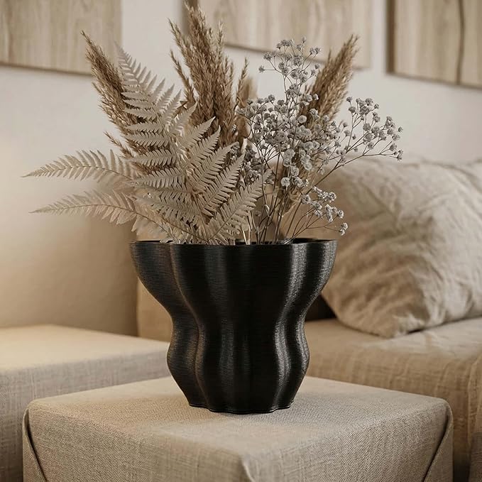 Contemporary Black Ceramic Vase, Abstract Irregular Shape Sculptural Accent for Home Decor, Modern Artistic Centerpiece for Coffee Table or Bookshelf