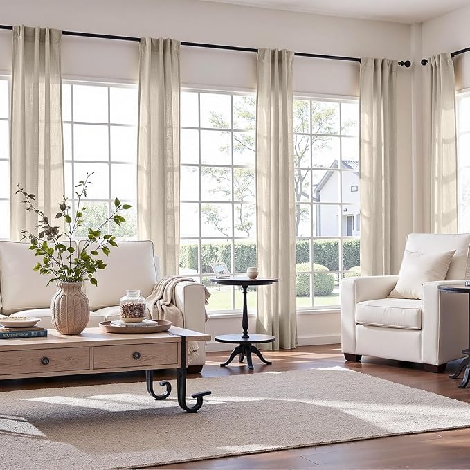 jinchan Linen Curtains Oatmeal Semi Sheer Curtains 90 inch Length for Closet Small Window Living Room Bathroom Neutral Farmhouse Cottage Core Light Filtering Privacy Rod Pocket Back Tab 2 Panels