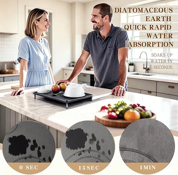 Grey Stone Drying Mat For Kitchen Counter, 3 PCS Wuvsveai Diatomaceous Earth Dish Drying Mat, Kitchen Mat, Stone Bath Mat for Bathroom, Dish Drying Rack & Dish Drainers for Countertop(Midnight Grey)