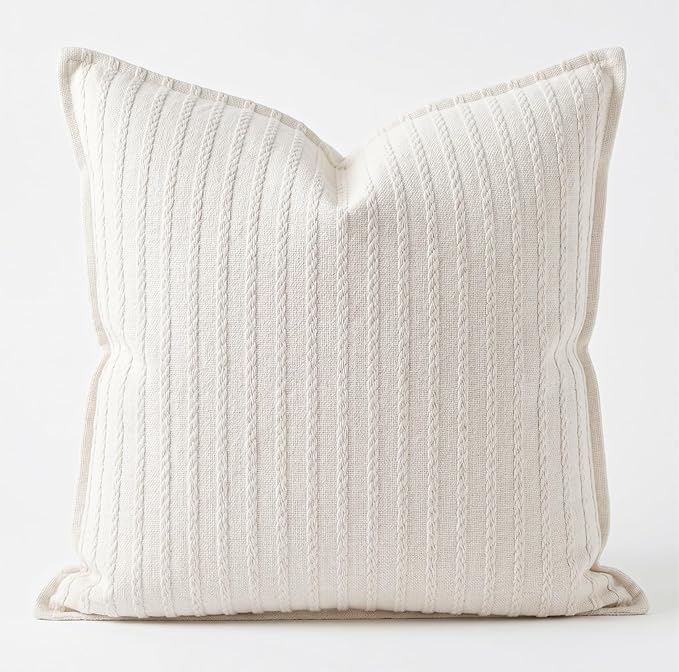 SanVia Cotton Throw Pillow Covers 20x20 – Handwoven Jacquard Texture, Fade-Resistant, No Pilling – Hidden Zipper, Decorative Cushion Cover for Sofa, Couch, Bed – Insert Not Included (Farmhouse, White)