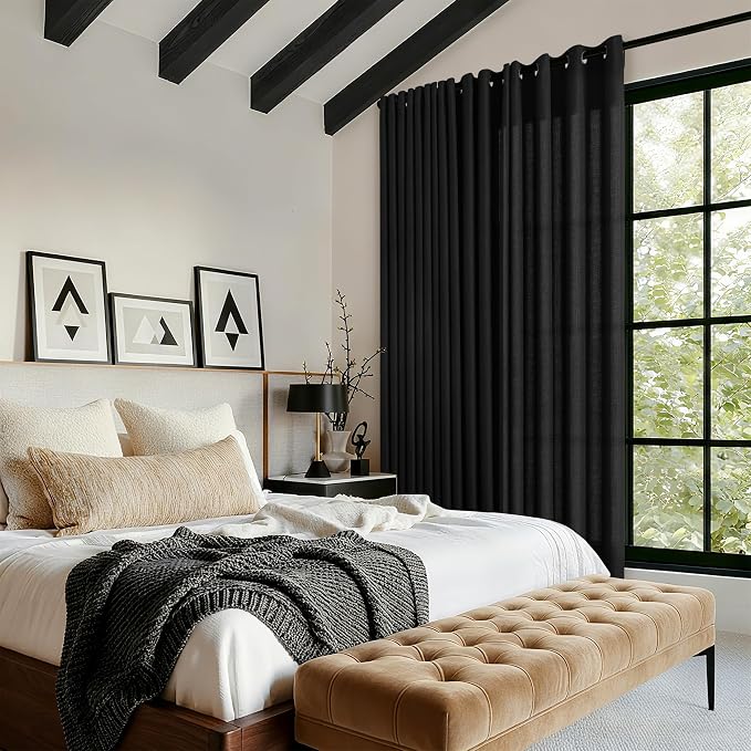 Black Linen Curtains 108 Inches Long 2 Panels for Living Room Divider Grommet Non-See-Through Drapes Neutral Modern Farmhouse Semi Sheer Window Curtains 108 Inch for Bedroom Sliding Door 9 Ft Tall