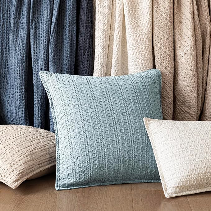 Foindtower Set of 2 Decorative Cotton Waffle Weave Throw Pillow Covers Euro Shams Cushion Covers Accent European Pillowcase for Bed Couch Sofa Bedroom Living Room Home Decor 18×18 Inch Light Blue