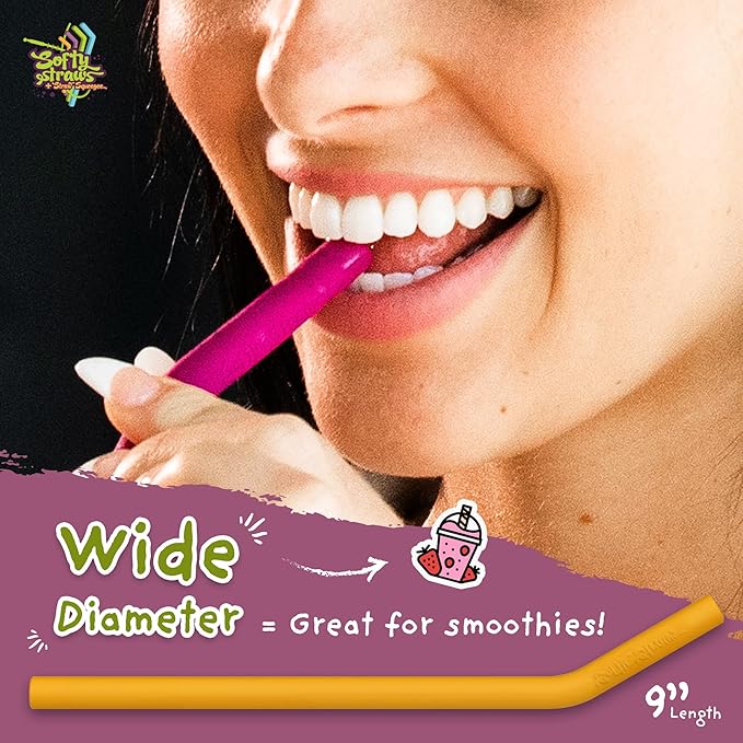 Softy Straws Wide Premium Reusable Silicone Drinking Straws + Patented Straw Squeegee - 9” Long With Curved Bend for 20 30 32 oz Tumblers Non Rubber, Flexible, Safe for Kids/Toddlers, Smoothie