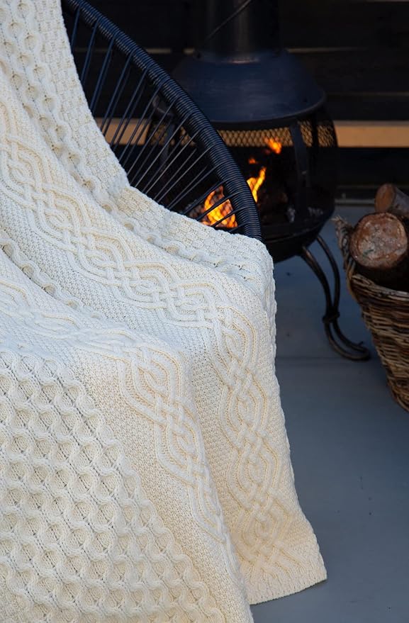 SAOL Honeycomb and Cable Knit Patterns 100% Irish Merino Wool Aran Throw/Blanket 60 x 40 inches (Natural)