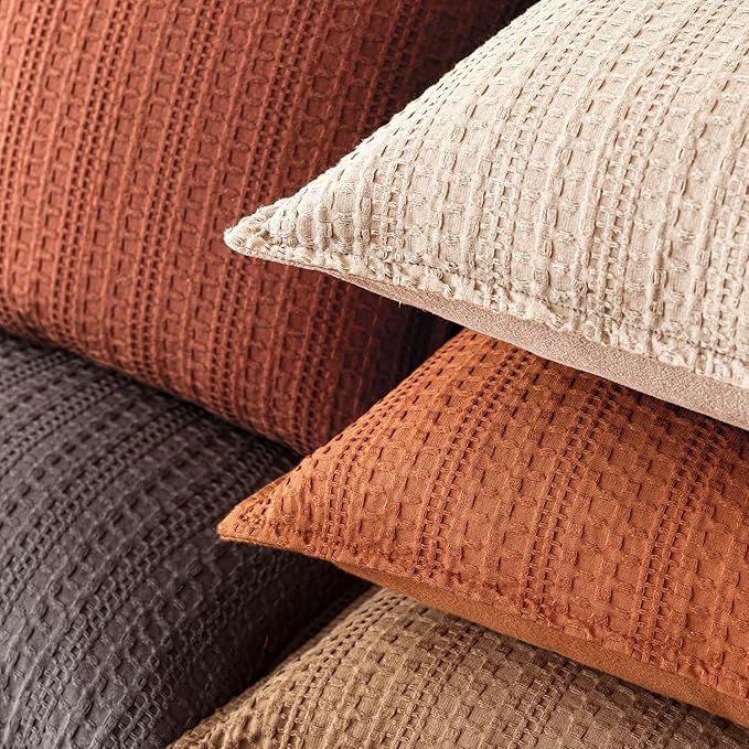 Foindtower Set of 2 Decorative Cotton Waffle Weave Lumbar Throw Pillow Covers Euro Shams Cushion Covers Accent European Pillowcase for Bed Couch Bedroom Living Room Home Decor 12×20 Inch Burnt Orange