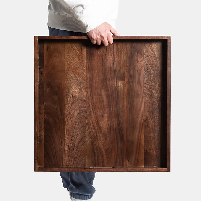 22 x 22 inches Large Square Solid Black Walnut Wooden Ottoman Tray Table Platter Decorative Serving Tray with Handle for Oversized Ottoman Home Breakfast in Bed Tea Coffee