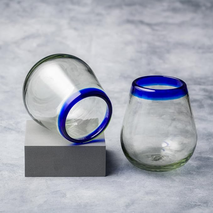 10 Strawberry Street Cobalt Rim Stemless Wine Handblown Mexican Glass, Set of 6